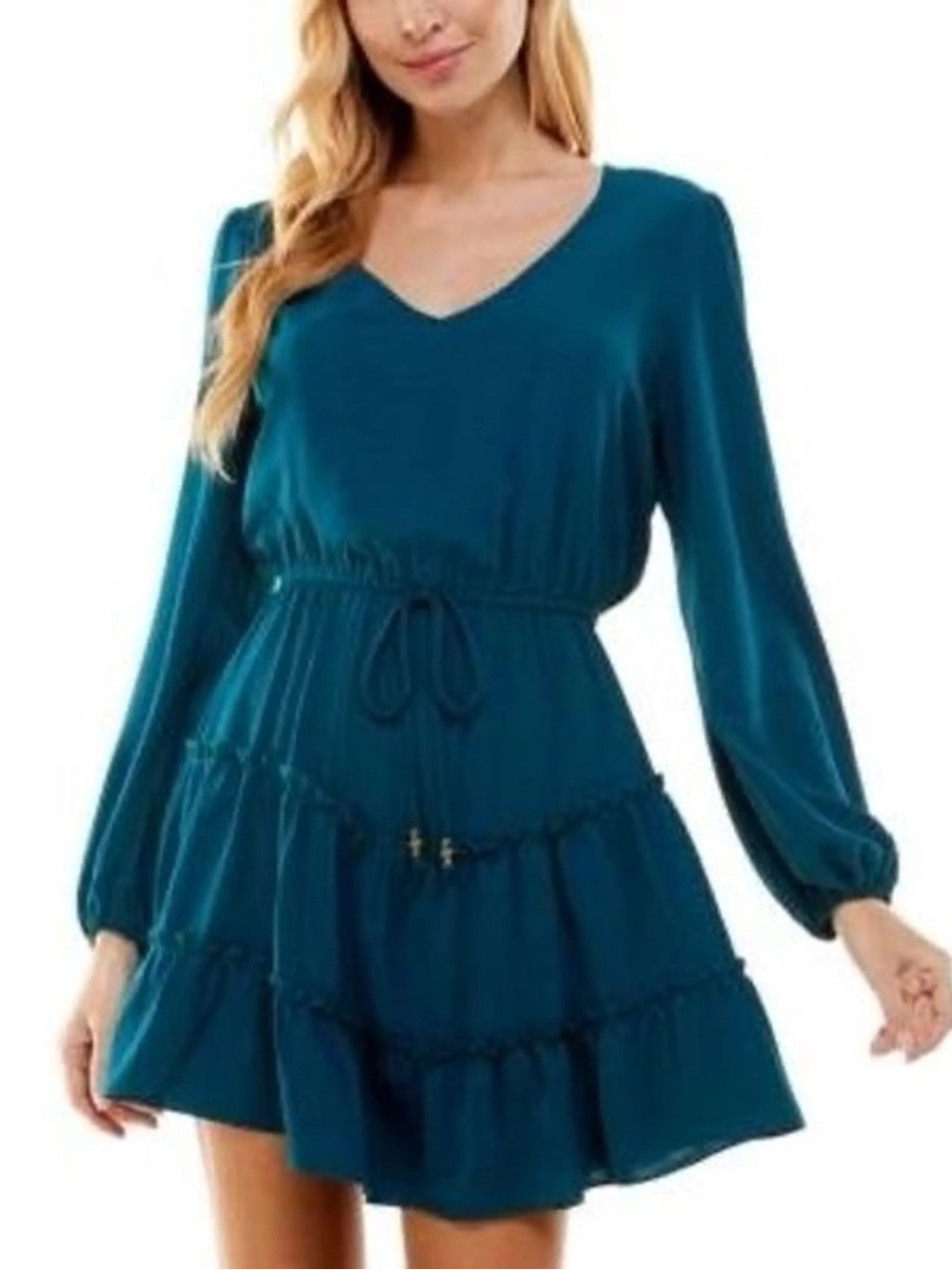 Teal Long-Sleeve Tiered V-Neck Dress